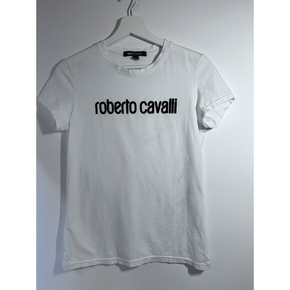 Roberto Cavalli Womens Logo Print White SS T Shirt Size M made In Italy - Picture 2 of 12